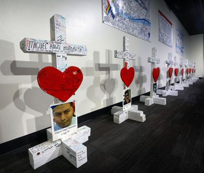 Marking the seventh anniversary of the Pulse nightclub massacre, memorial crosses that were created in the days following the 2016 mass shooting are displayed at the Orange County Regional History Center, Friday, June 9, 2023.   (Joe Burbank/Orlando Sentinel/TNS)