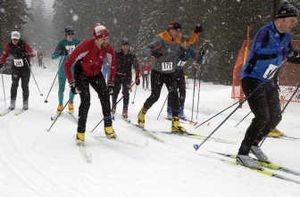 
Jeff Corkill (#171), a top masters runner from Spokane, puts his fitness to the test on skinny skis with 193 other participants in the soggy 2007 Langlauf 10-kilometer race at Mount Spokane. 
 (File / The Spokesman-Review)