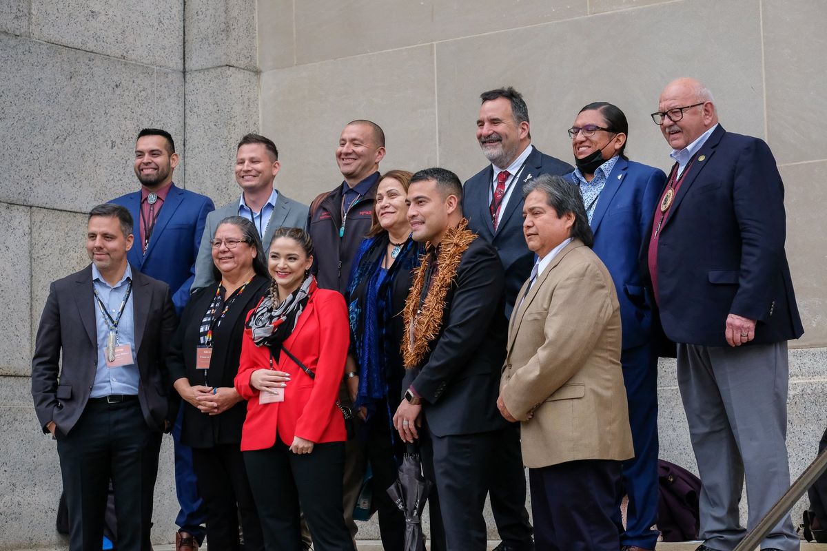 Leaders from Northwest tribes pose for a photo Wednesday at the White House Tribal Nations Summit in Washington, D.C.  (Orion Donovan-Smith/The Spokesman-Review)