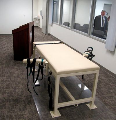 FILE - This Oct. 20, 2011, file photo, shows the execution chamber at the Idaho Maximum Security Institution in Boise, Idaho. An Idaho judge ruled that Idaho's governor doesn't have the power to veto a clemency recommendation by the state's parole board for a terminally ill man who was expected to be executed this year. The ruling from 2nd District Judge Jay Gaskill, on Friday, Feb. 4, 2022, said Gerald Pizzuto Jr.'s death sentence is illegal, and so the court will not issue a death warrant, a required step before an execution may occur. Gov. Brad Little's office vowed to appeal. Pizzuto Jr. was sentenced to death following his murder conviction for the 1985 beating deaths of Berta and Delbert Herndon at a remote Idaho County cabin.  (Jessie L. Bonner)