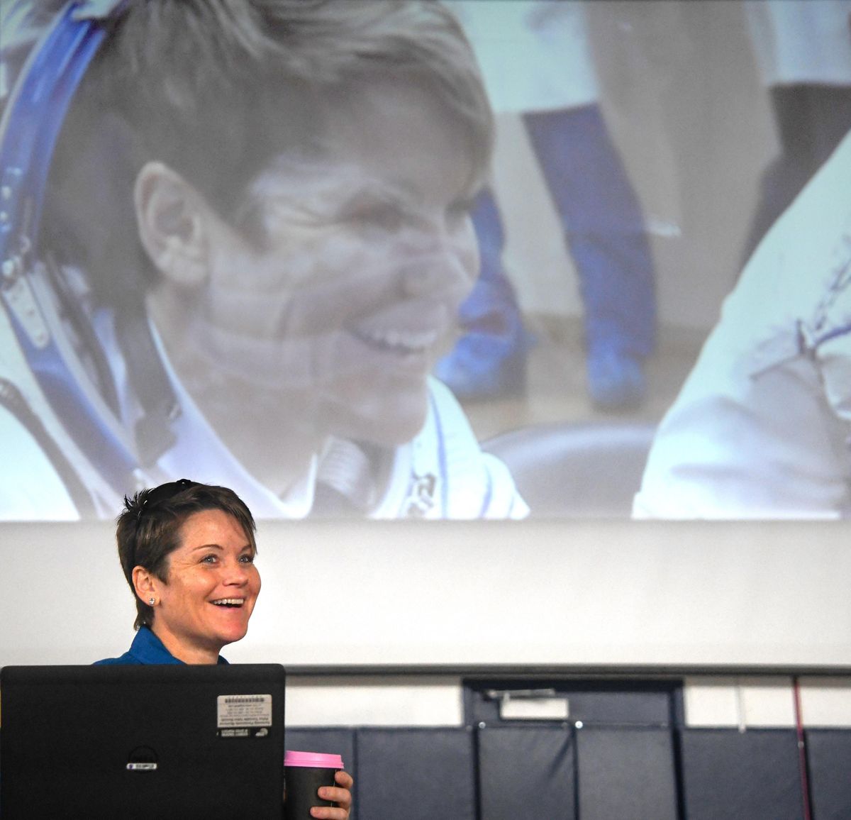 NASA astronaut and Gonzaga Prep grad Anne McClain prepares to speak to G-Prep students at an assemble in the school gym, Thursday, Oct. 10, 2019, in Spokane, Wash.Dan Pelle/THE SPOKESMAN-REVIEW (Dan Pelle / The Spokesman-Review)