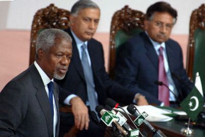 
U.N. Secretary-General Kofi Annan pleads for more aid for victims of the Oct. 8 earthquake at a donors conference in Islamabad, Pakistan, on Saturday. 
 (Associated Press / The Spokesman-Review)