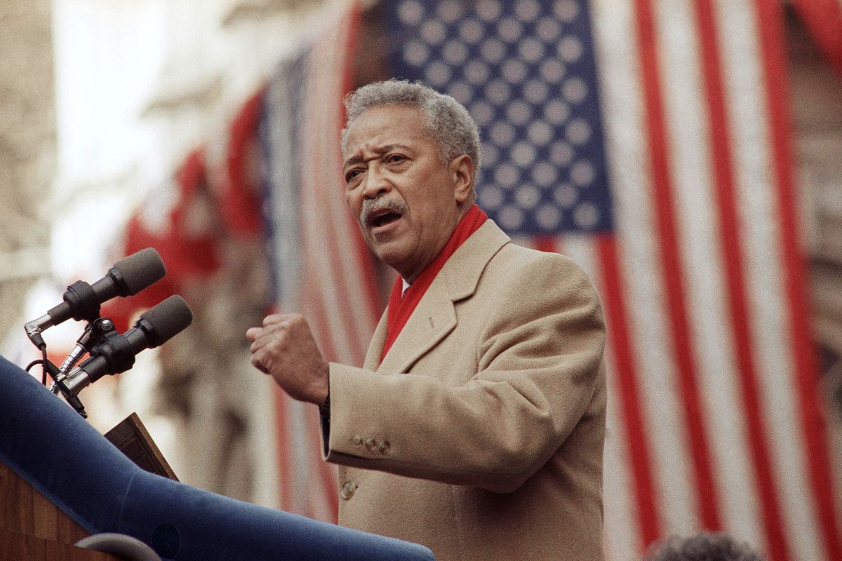 FILE - In this Monday, Jan. 2, 1990, file photo, David Dinkins delivers his first speech as mayor of New York, in New York. Dinkins, New York City’s first African-American mayor, died Monday, Nov. 23, 2020. He was 93.  (Frankie Ziths)