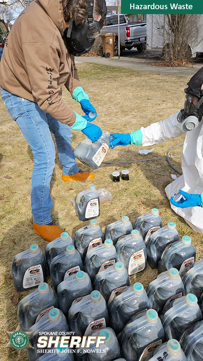 The Spokane County Sheriff’s Office seized multiple gallons of toxic waste created during the manufacturing of DMT at a North Perry Street residence in Spokane. The Washington State Department of Ecology assisted with transporting and destroying the waste, the sheriff’s office said. Zachary S. Kennedy, 34, was arrested on suspicion of several drug charges. (Courtesy of Spokane County Sheriff's Office)