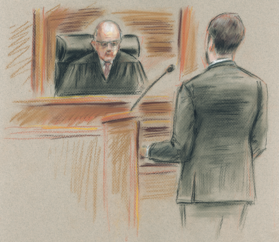 ACLU attorney Dror Ladin argues Friday before U.S. District Court Judge Justin Quackenbush. Ladin is representing three men who argue they were subjected to torture that was designed and sometimes carried out by Spokane psychologists Bruce Jessen and James Mitchell. (Illustration by Molly Quinn)