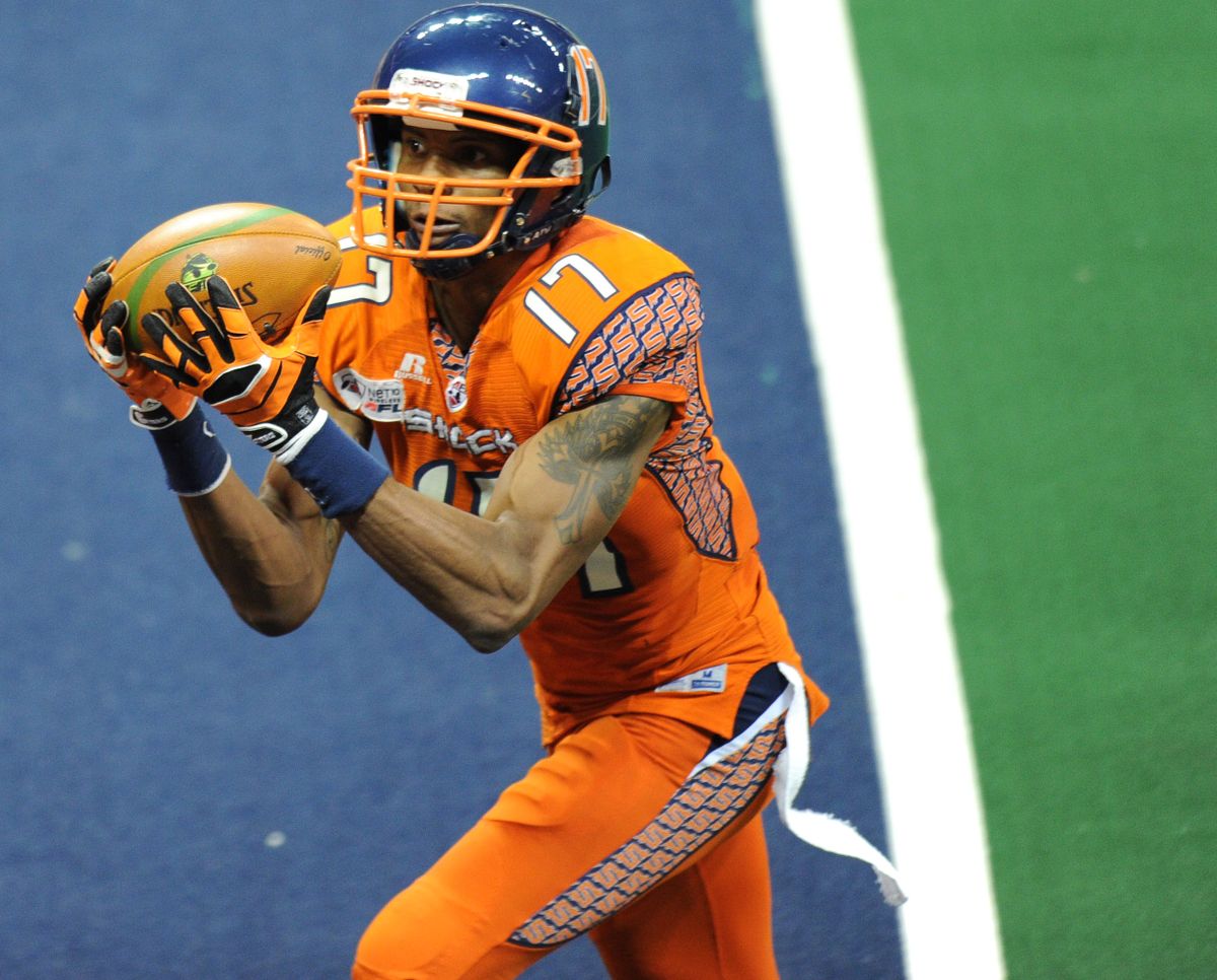 Spokane Shock receiver Adron Tennell keeps his focus while hauling in a touchdown pass during Friday’s rout over San Antonio. (Tyler Tjomsland)