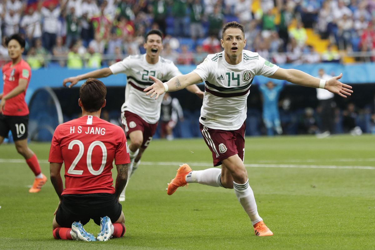 Mexico’s Javier Hernandez celebrates after scoring his side’s second goal during the Group F match between Mexico and South Korea at the 2018 soccer World Cup in the Rostov Arena in Rostov-on-Don, Russia, Saturday, June 23, 2018. (Lee Jin-man / Associated Press)