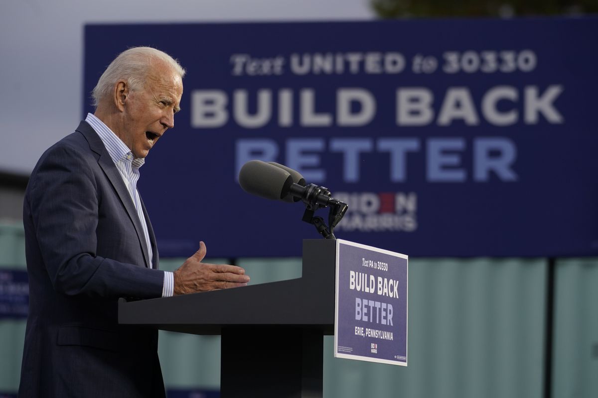 Democratic presidential candidate former Vice President Joe Biden speaks at the Plumbers Local Union No. 27 training center, Saturday, Oct. 10, 2020, in Erie, Pa.  (Carolyn Kaster)