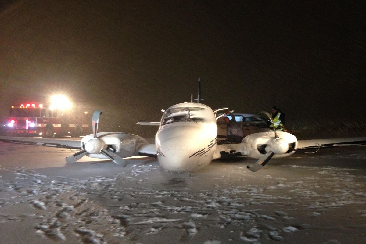 This plane crash-landed at Felts Field early Tuesday, Dec. 27, 2016. The pilot was uninjured. (Spokane Valley Fire Department)