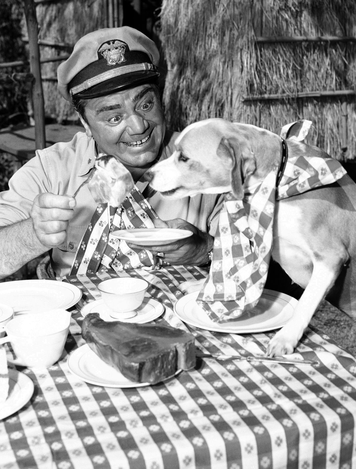 In this 1963 photo, Ernest Borgnine acts in a scene for ABC-TV’s “McHale’s Navy,” which ran from 1962 to 1966. (Associated Press)