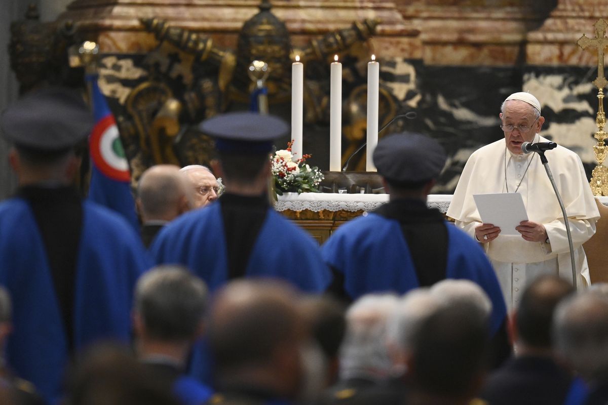 Pope Francis delivers his speech during an audience with members of the Italian Air Force, in St. Peter