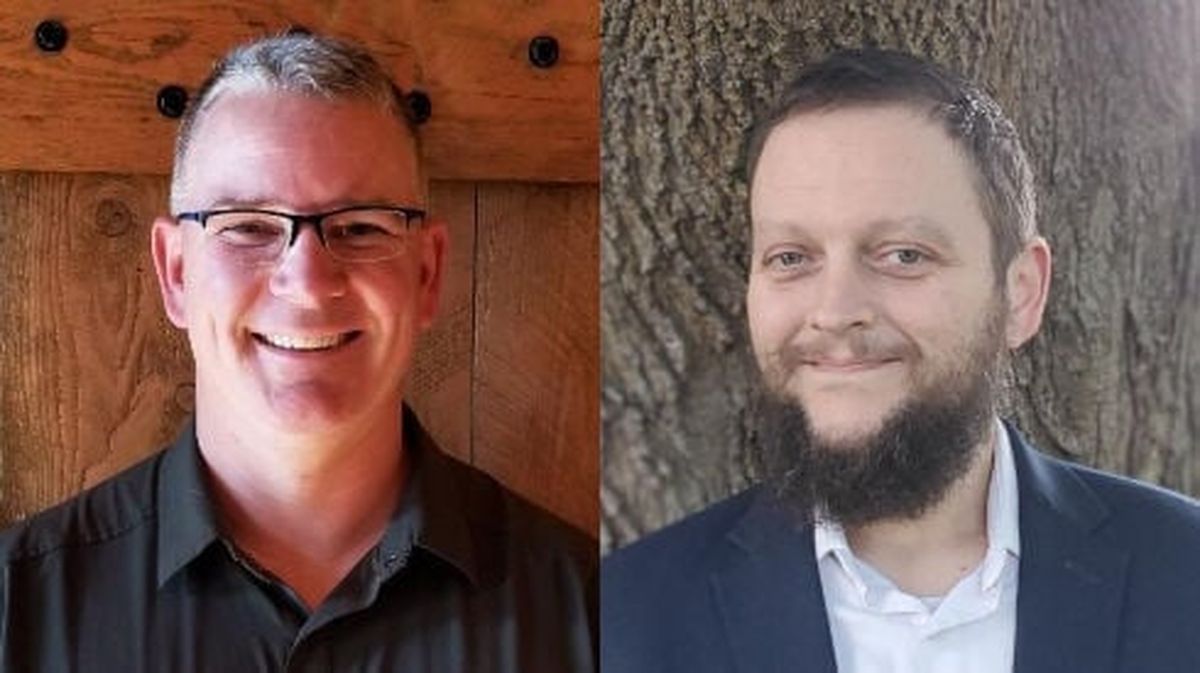 Cheney School Board member Mark Scott, left, and Kyle Belock, his challenger in the November 2025 election.