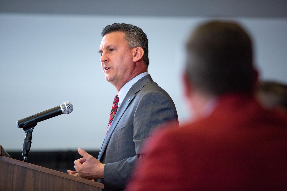 Kyle Smith speaks at a newss conference in Washington State University’s Rankich Club Room on  April 1  in Pullman. (Libby Kamrowski / The Spokesman-Review)