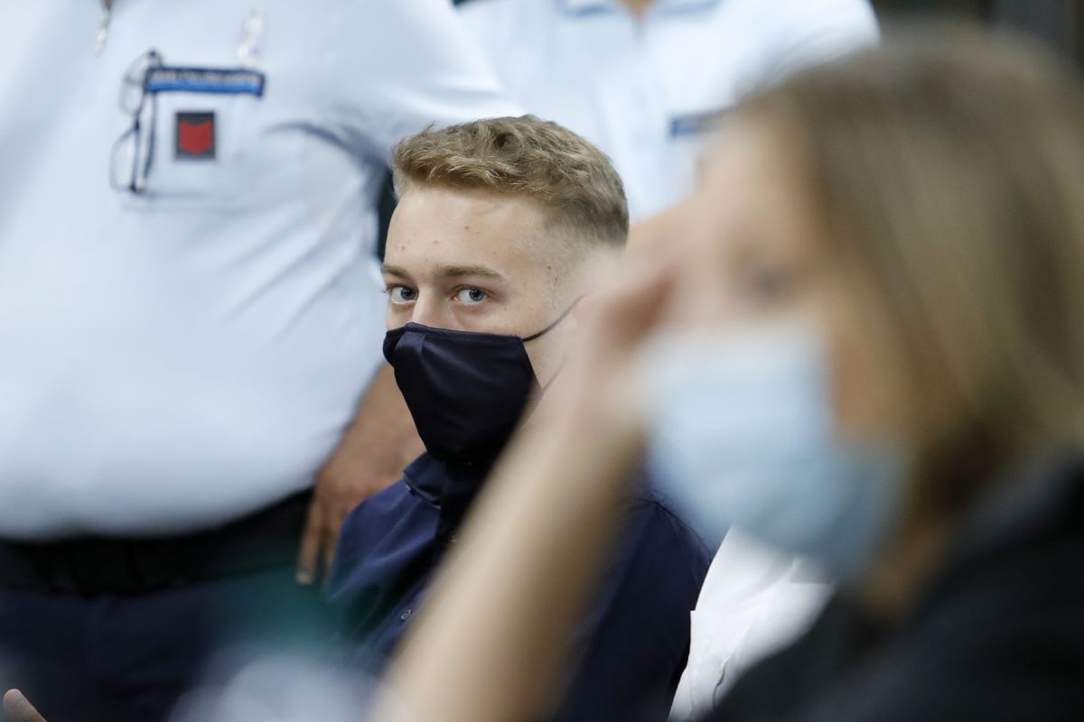 Finnegan Lee Elder, from California, looks on during a break in his trial where he and his friend Gabriel Natale-Hjorth are accused of slaying a plainclothes Carabinieri officer while on vacation in Italy last summer, in Rome, Wednesday, Sept. 16, 2020.  (Remo Casilli)