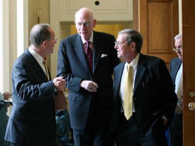 
From left, Republican Sens. Lamar Alexander, R-Tenn., Robert Bennett, R-Utah, Pete Domenici, R-N.M., and Jeff Sessions, R-Ala. leave a meeting on Iraq with White House National Security Adviser Stephen Hadley on Wednesday in Washington. Associated Press
 (Associated Press / The Spokesman-Review)