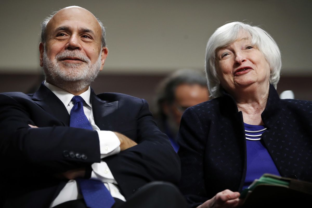 Former Federal Reserve Chair Ben Bernanke, left, and then-Federal Reserve Chair Janet Yellen attend a ceremony awarding them both with the Paul H. Douglas Award for Ethics in Government on Capitol Hill in Washington, on Nov. 7, 2017. The two former Federal Reserve chairs have urged Congress to do more to help the economy deal with the coronavirus pandemic, calling for extending increased unemployment benefits and providing assistance to hard-hit states and local governments  (Associated Press)