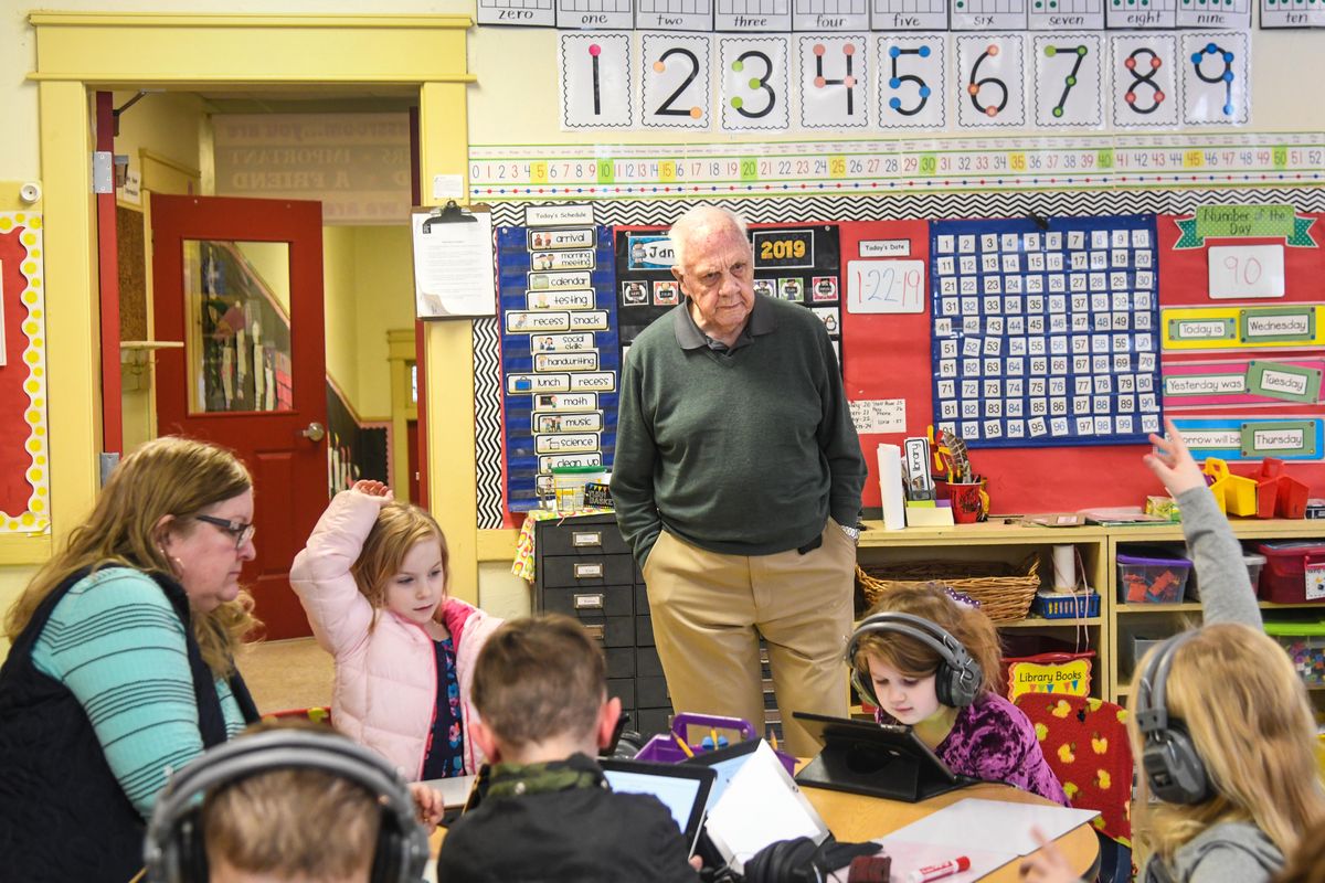 Glenn Frizzell, the 87-year-old part-time superintendent of Great Northern School District, visits the K-1 classroom, Thursday, Jan. 24, 2019. (Dan Pelle / The Spokesman-Review)