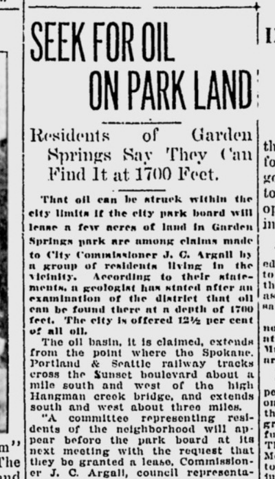 Some Spokane South Hill residents, spurred by the promises of an optimistic geologist, sought a leasing deal with the city to drill for oil on parkland on this date 100 years ago.  (S-R archives)