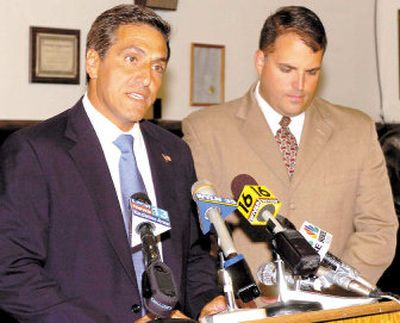 
Hazleton, Pa.,  Mayor Lou Barletta, left, and city  lawyer Chris Slusser discuss  a lawsuit filed against the city by  civil rights groups over an ordinance  targeting illegal immigrants. 
 (Associated Press / The Spokesman-Review)
