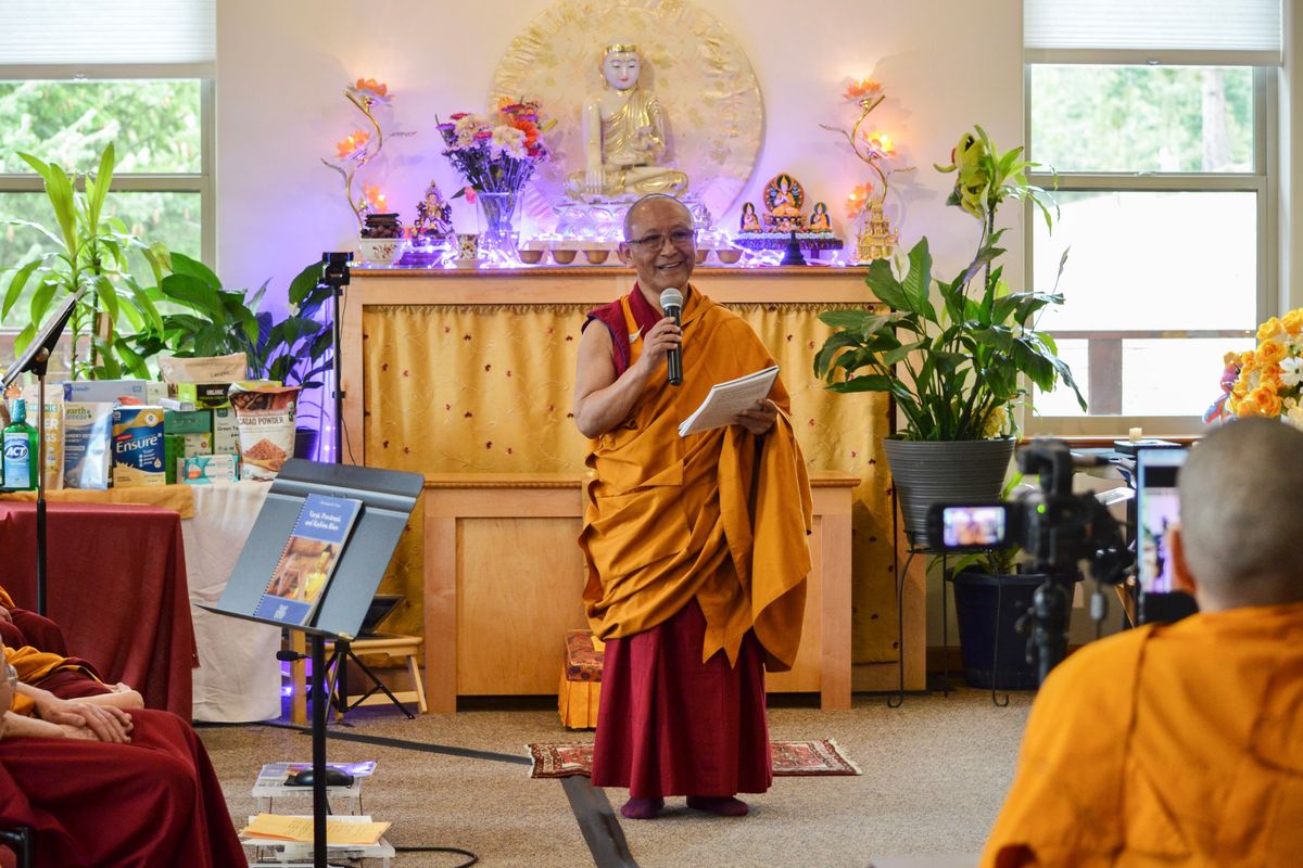 Ven. Geshe Dadul Namgyal speaks at Sravasti Abbey near Newport, Wash., earlier this year.  (Courtesy of Sravasti Abbey)