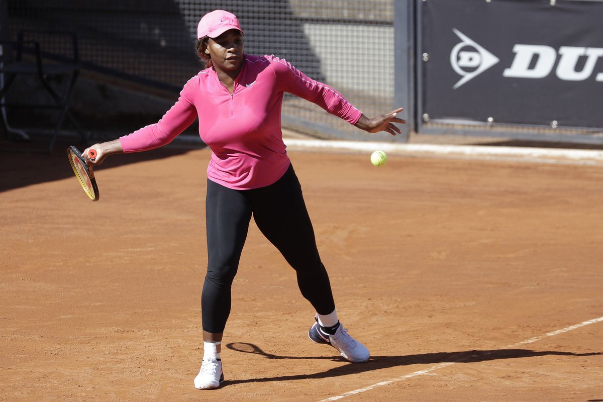 Serena Williams returns the ball during a training session at the Italian Open tennis tournament, in Rome, Monday, May 10, 2021.  (Gregorio Borgia)