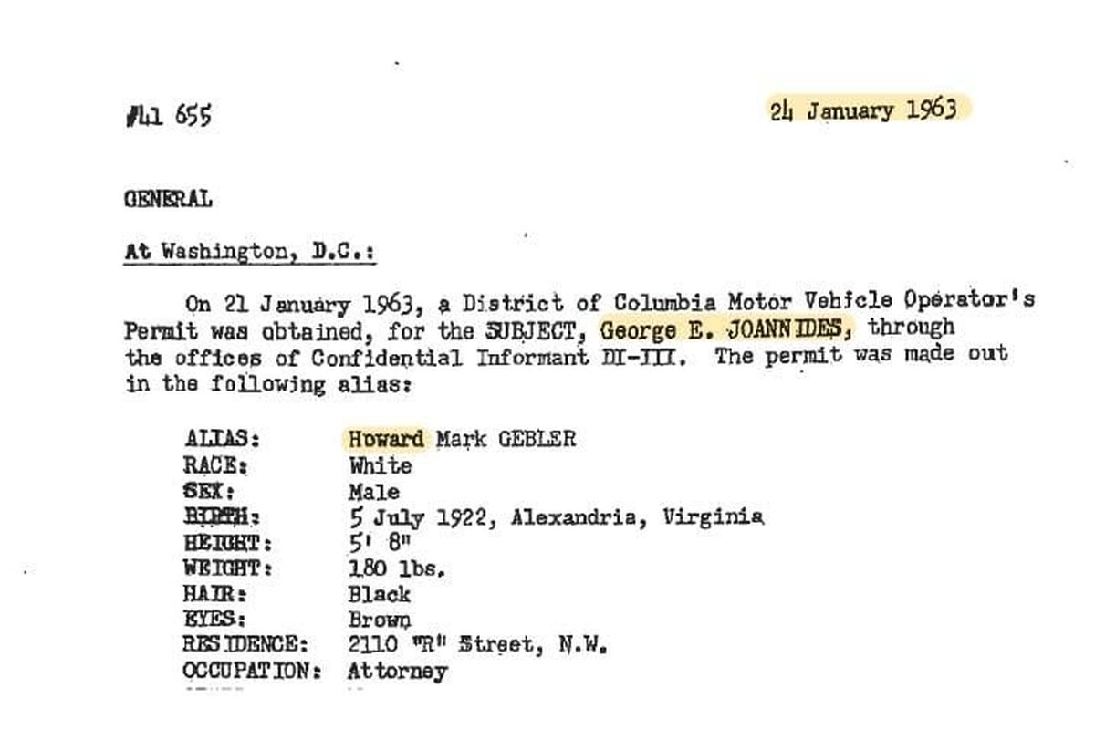 A document declassified by the CIA shows that agent George Joannides obtained a phony D.C. driver’s license in 1963 as “Howard Gebler,” the name he provided to Cuban dissidents he was overseeing from Miami. (National Archives and Records Administration)