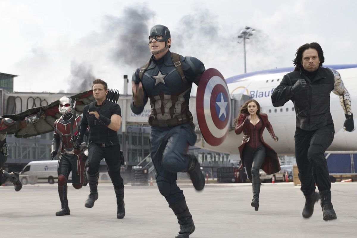 In this image released by Disney, from left, Paul Rudd, Jeremy Renner, Chris Evans, Elizabeth Olsen and Sebastian Stan appear in a scene from “Captain America: Civil War.” Evans has wrapped his final performance as Captain America. Evans tweeted Thursday, Oct. 4, 2018, that his last shooting day on Avengers 4 was an emotional day. The 37-year-old actor thanked his colleagues and fans for his eight years as Captain American, saying it has been an honor. Avengers 4 is slated to open in May next year. (Associated Press)