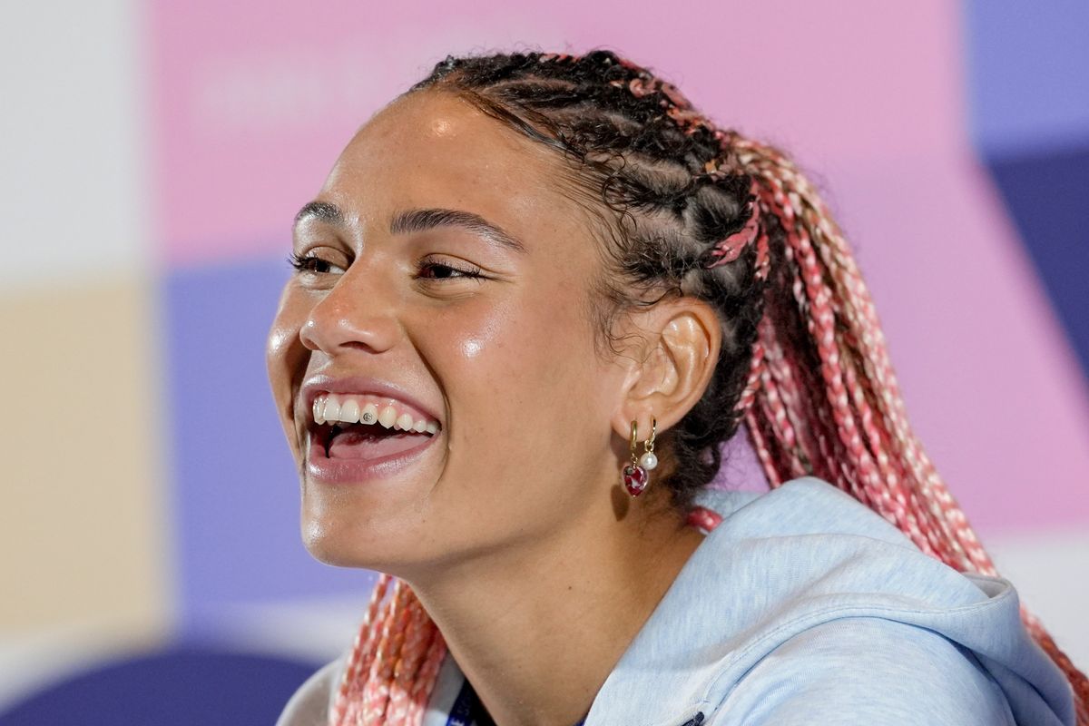 U.S. women’s soccer player Trinity Rodman answers questions from the media Thursday about their upcoming gold-medal match against Brazil.  (Washington Post)