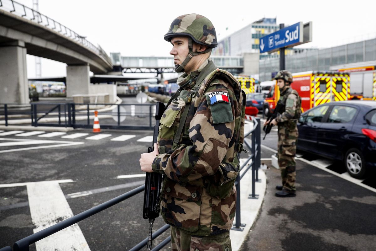Soldiers patrol at Orly airport, south of Paris, Saturday, March, 18, 2017. Soldiers at Paris