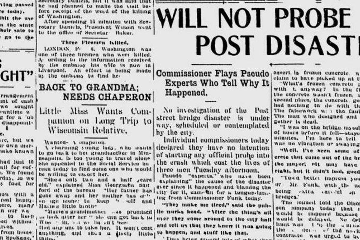 Spokane city officials were not planning to investigate the accident that killed three men working to construct the Post Street Bridge, the Spokane Daily Chronicle reported on Feb. 8, 1917. (Spokesman-Review archives)