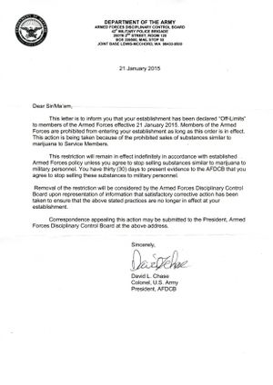 A letter from Col. David Chase, president of the Armed Forces Disciplinary Control Board, sent to marijuana retailers around the state.