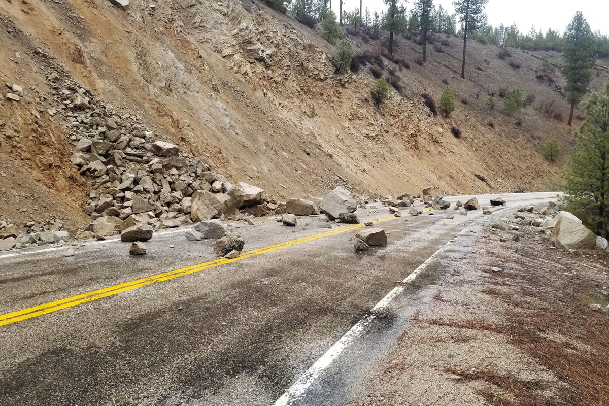 This photo provided by Tyler Beyer shows a rockslide on Highway 21 near Lowman, Idaho, after a magnitude 6.5 earthquake struck Tuesday, March 31, 2020. (Tyler Beyer / AP)