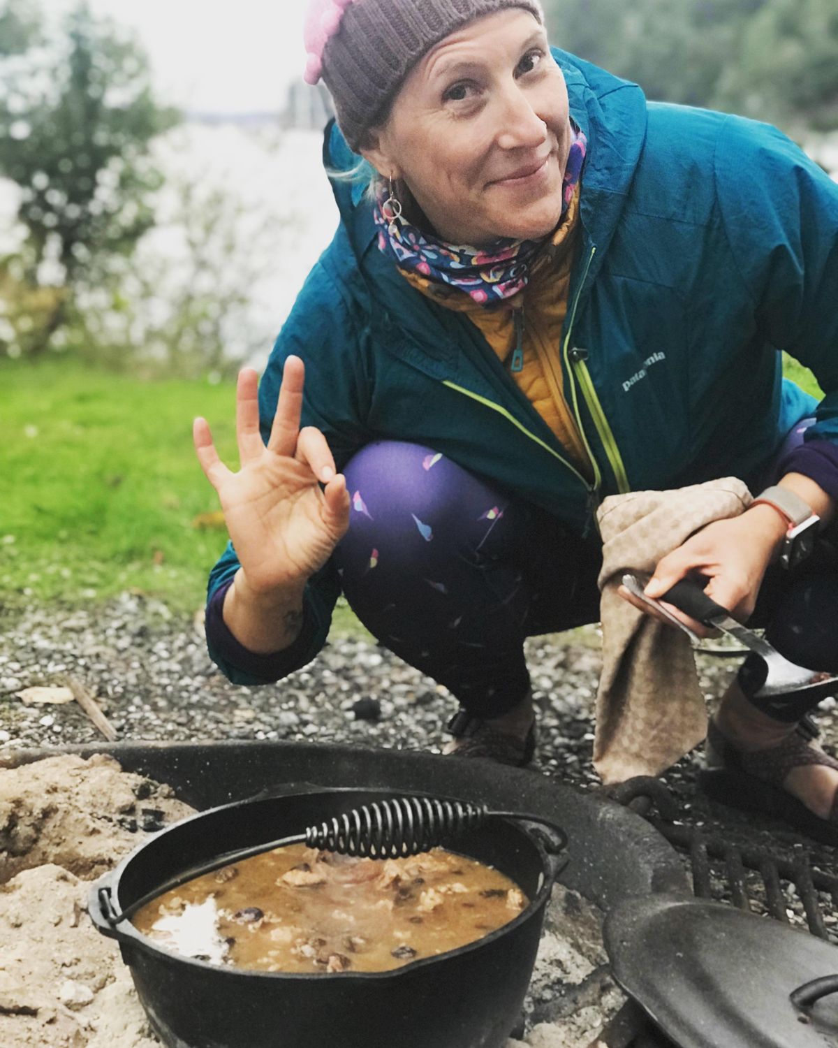 The author happily declaring camp dinner ready. (Angie Roberts / Courtesy)