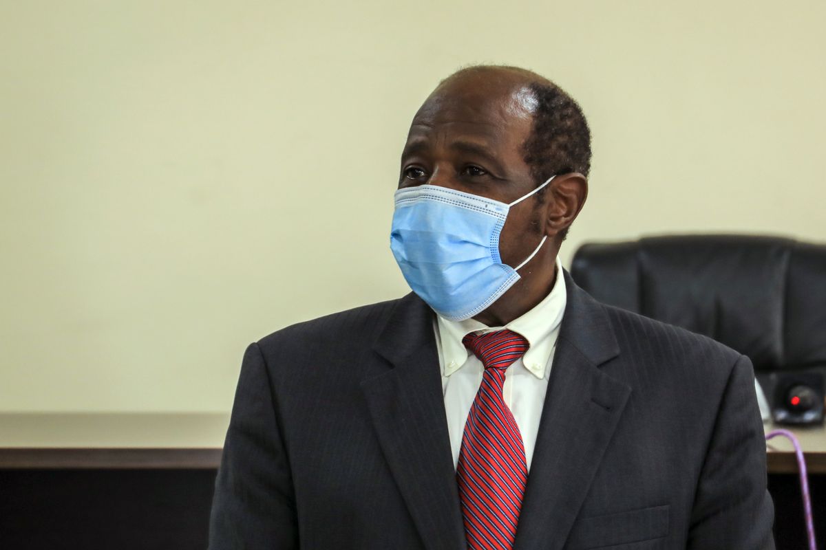 Paul Rusesabagina appears in front of media at the headquarters of the Rwanda Bureau of investigations building in Kigali, Rwanda Monday, Aug. 31, 2020. Rusesabagina, who was portrayed in the film "Hotel Rwanda" as a hero who saved the lives of more than 1,200 people from the country