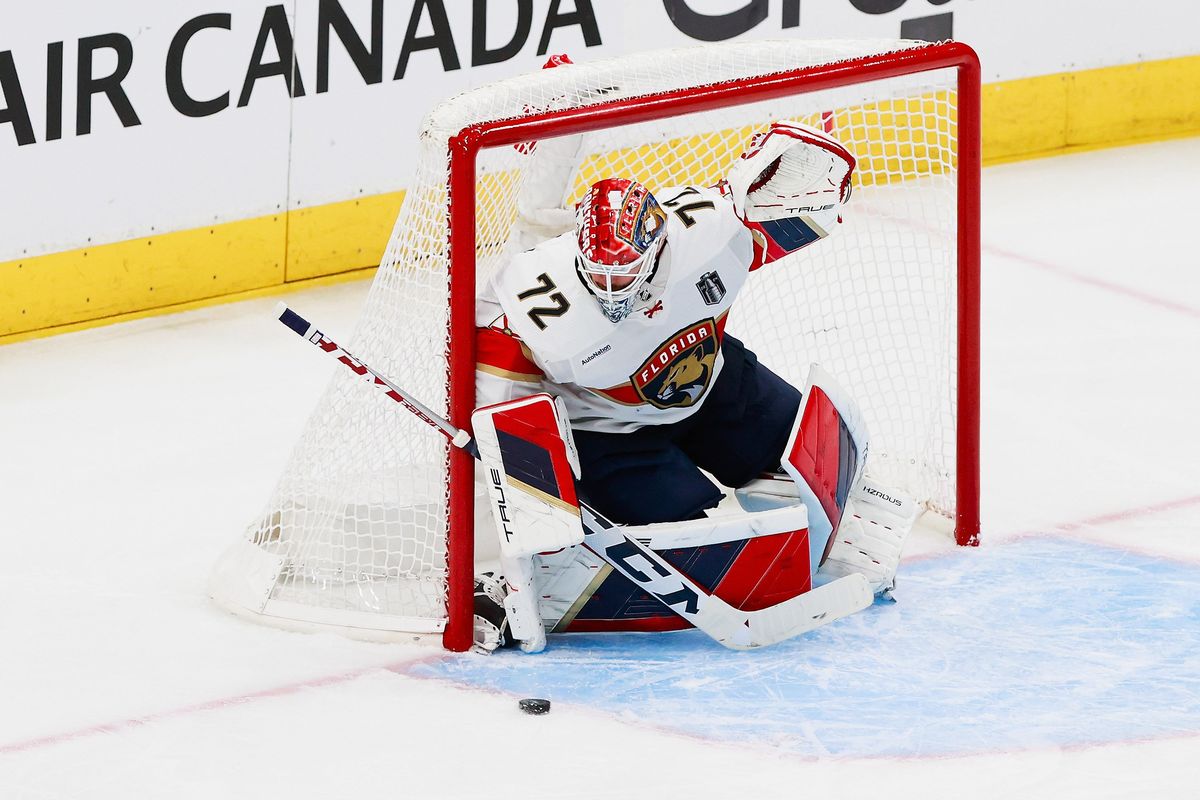 Florida goaltender Sergei Bobrovsky makes a save Friday against Edmonton Oilers during the second period of Game 6 of the Stanley Cup Final in Edmonton, Alberta.  (Tribune News Service)