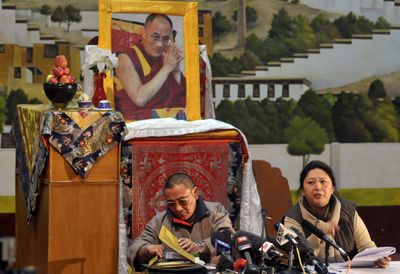 Tibetan parliament-in-exile speaker Karma Chophel, left, and deputy speaker Dolma Gyari meet with the media in Dharmsala, India, on Saturday.  (Associated Press / The Spokesman-Review)