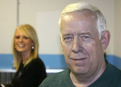 
Stan Jones, a Montana libertarian known for his blueish skin,  won 10,324 votes in the make-or-break Senate race. Jones is shown at the Academy of Cosmetology in Bozeman with student Jessica Wagner. 
 (Blaine Harden Washington Post / The Spokesman-Review)