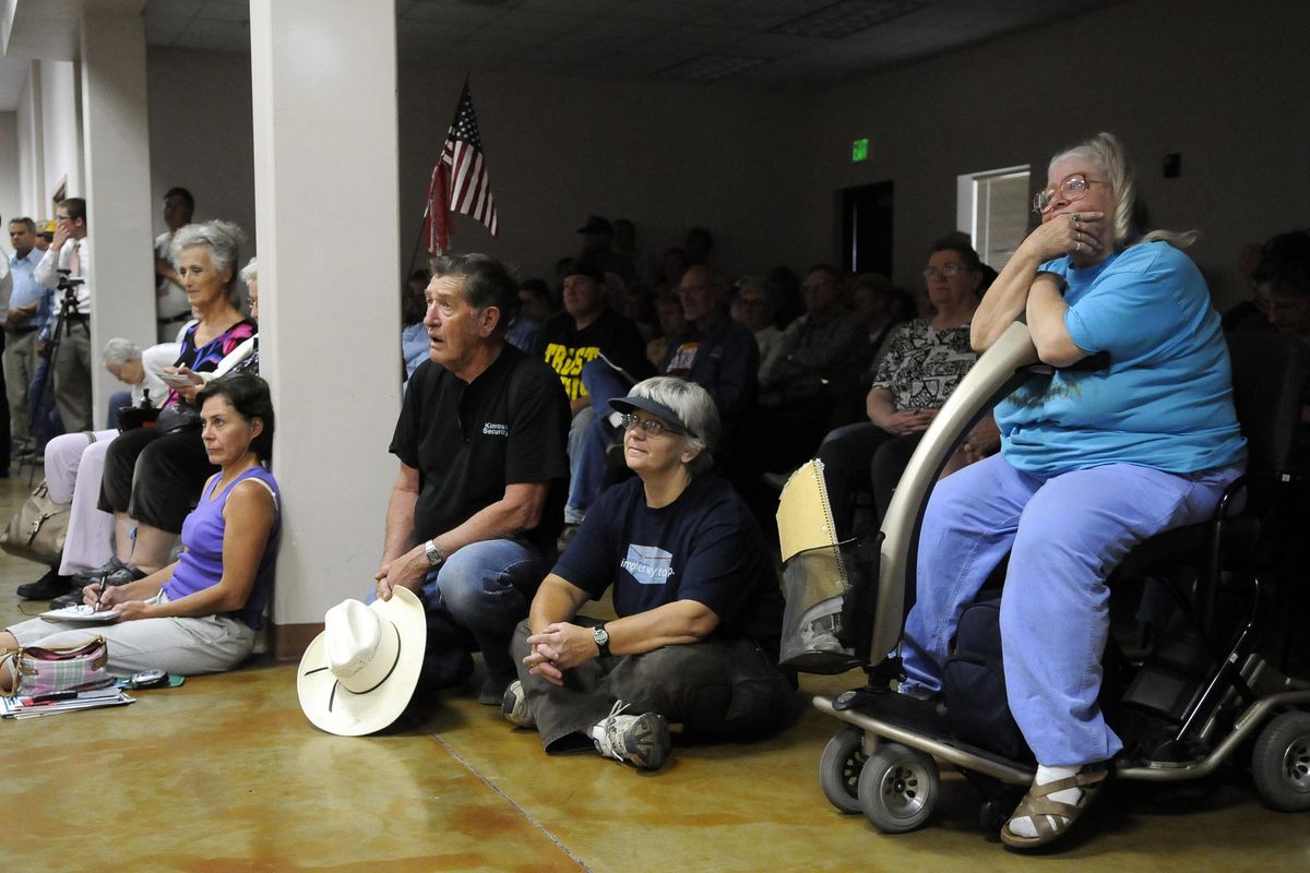 People crowd a meeting at the Northeastern Washington Ag Center to hear Rep. Cathy McMorris Rodgers discuss health care reform Wednesday  in Colville.  (Dan Pelle / The Spokesman-Review)