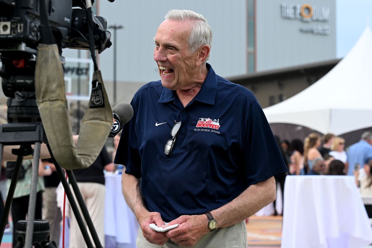 Larry Wendel is interviewed before being inducted into the Hooptown Hall of Fame in Spokane on Wednesday.  (Kathy Plonka/The Spokesman-Review)