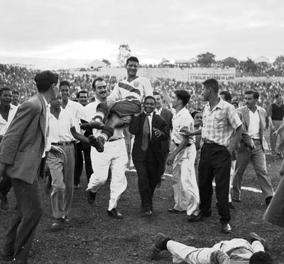 United States soccer player Joe Gaetjens is carried off by cheering fans after the USA team beat England 1-0 in a World Cup soccer match in Belo Horizonte, Brazil, June 28, 1950.  (File Associated Press)