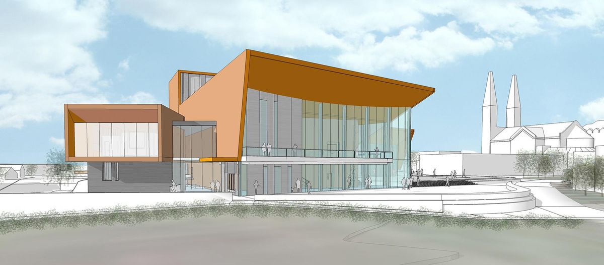 This architectural rendering shows the exterior of the Myrtle Woldson Performing Arts Center, which is under construction on the Gonzaga University campus. (COURTESY OF GONZAGA UNIVERSITY)