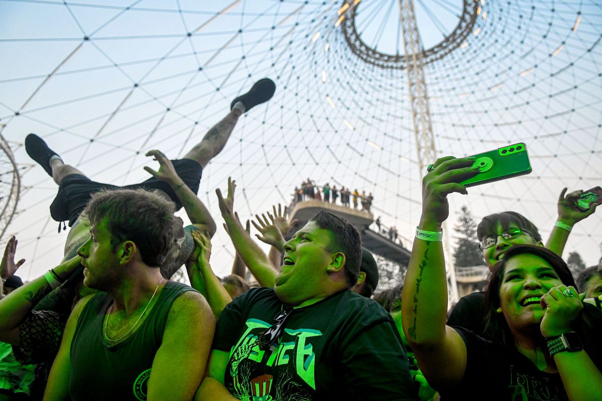 The crowd cheers for Primus during the first-ever concert at the Pavilion in Spokane’s Riverfront Park in Spokane on Aug. 13.  (Kathy Plonka/The Spokesman-Review)