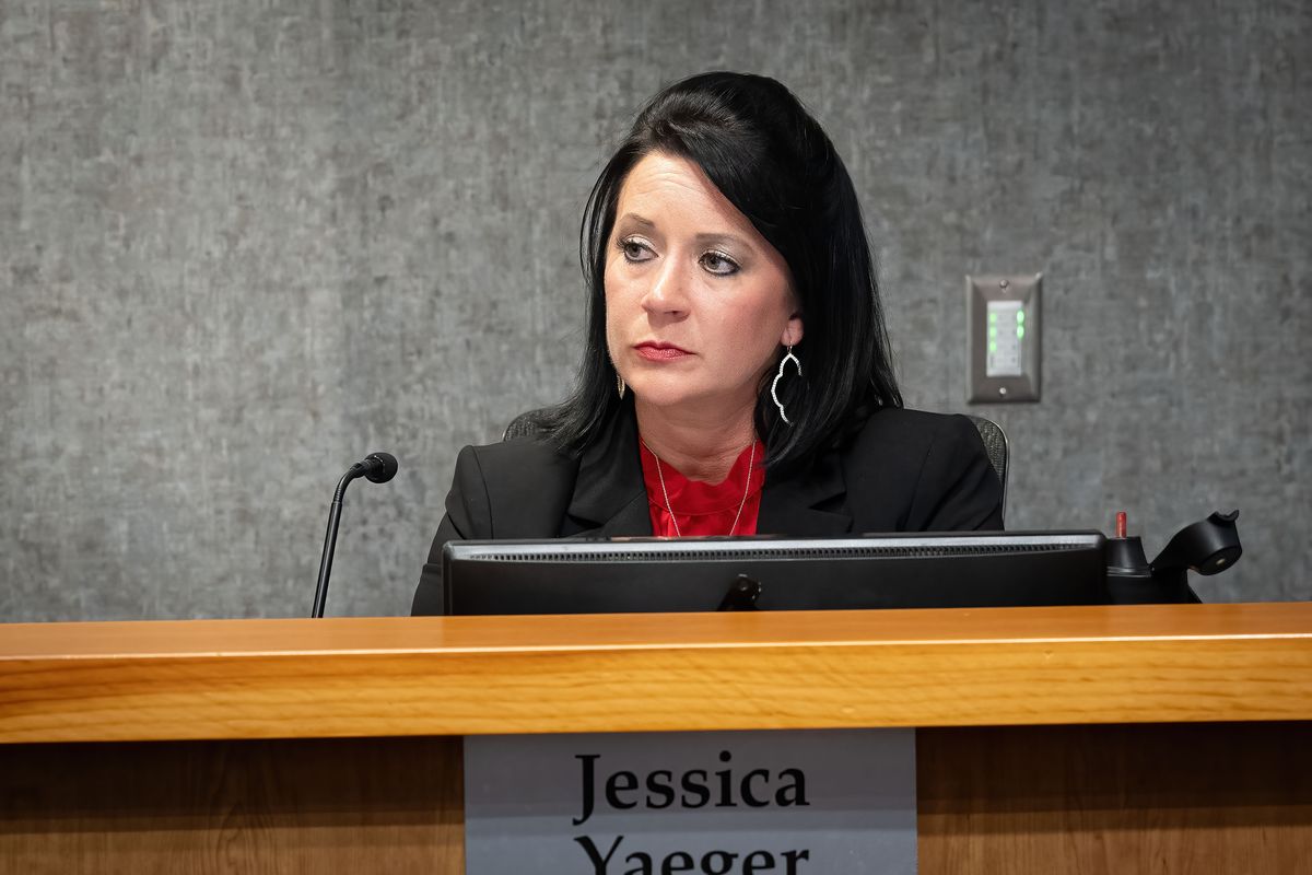 During a Spokane Valley City Council meeting Tuesday, Councilwoman Jessica Yaeger listens to a stream of public comment chastising her for Islamophobic comments she posted on her personal Facebook.  (COLIN MULVANY /THE SPOKESMAN-REVIEW)