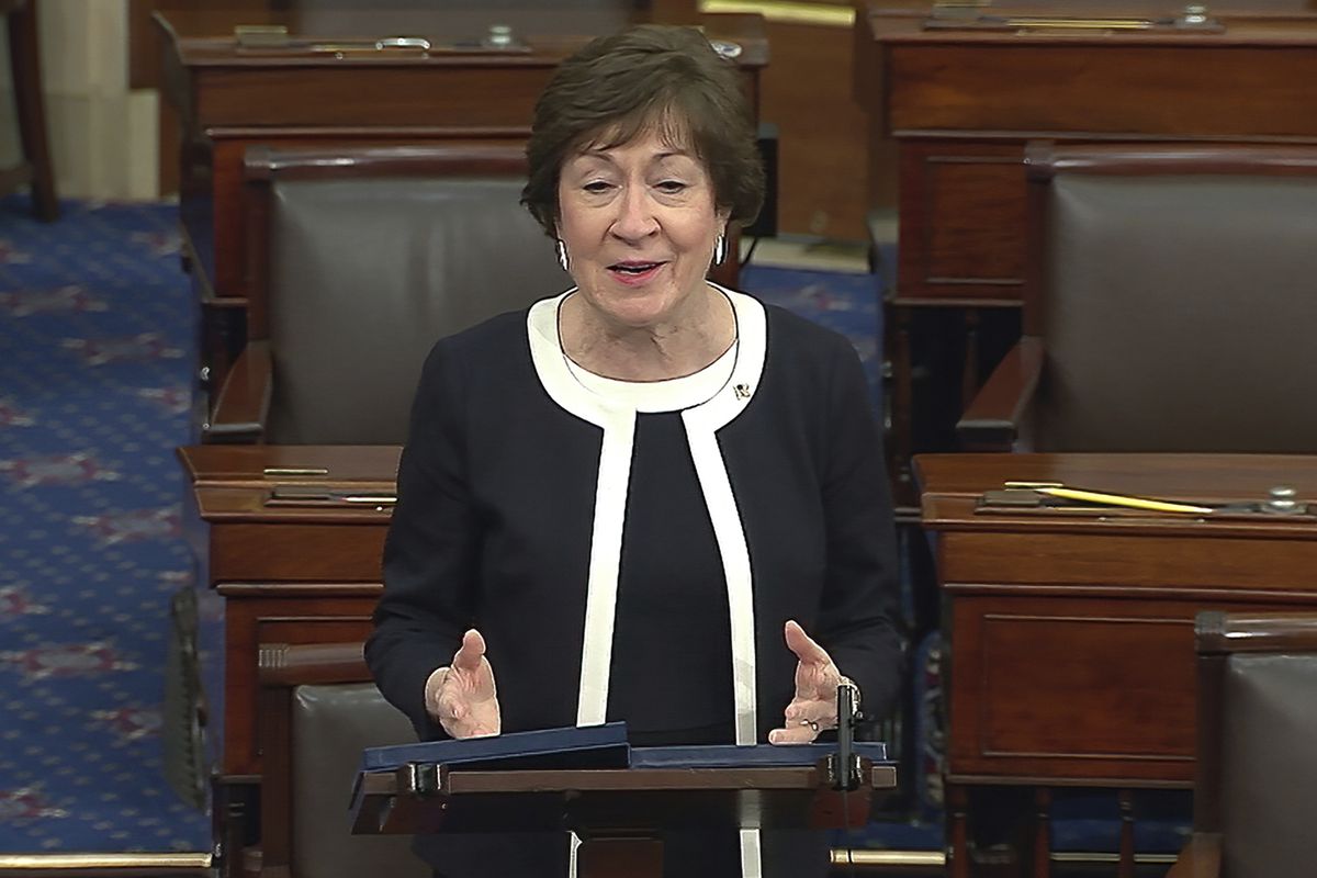 In this image from video, Sen. Susan Collins, R-Maine, speaks after the Senate acquitted former President Donald Trump in his second impeachment trial in the Senate at the U.S. Capitol in Washington, Saturday, Feb. 13, 2021. Trump was accused of inciting the Jan. 6 attack on the U.S. Capitol, and the acquittal gives him a historic second victory in the court of impeachment. (HOGP)