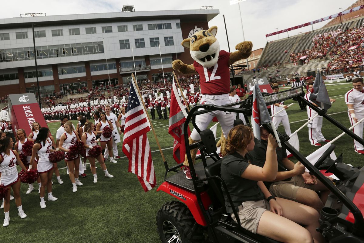 The Washington State mascot stands on a utility vehicle before an NCAA college football game between Washington State and Northern Colorado in Pullman, Wash., Saturday, Sept. 7, 2019. (Associated Press)