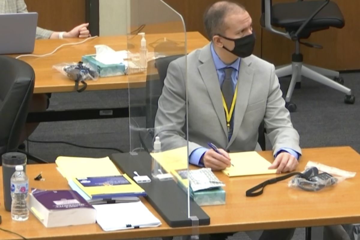In this image from video, defendant and former Minneapolis police officer Derek Chauvin, right, listens as Hennepin County Judge Peter Cahill presides over pretrial motions before jury selection Tuesday, March 9, 2021 at the Hennepin County Courthouse in Minneapolis. Chauvin is charged in the May 25, 2020 death of George Floyd.  (POOL)