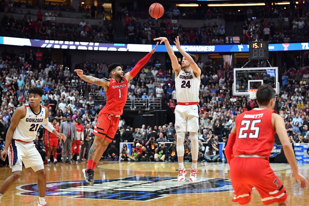 Gonzaga Bulldogs forward Corey Kispert (24) hoists a 3-pointer against Texas Tech in an Elite Eight game in the NCAA Tournament on March 30, 2019, in Anaheim, Calif.  (Tyler Tjomsland / The Spokesman-Review)