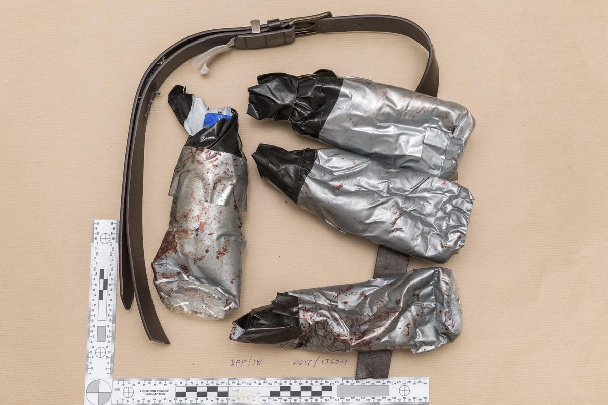 An undated handout photo issued by the Metropolitan Police, London, and made available on Sunday June 11, 2017 of a fake suicide belt worn by one of the London Bridge attackers in the attacks of Saturday June 3 which killed several people and wounded dozens more. (Metropolitan Police / Metropolitan Police London)