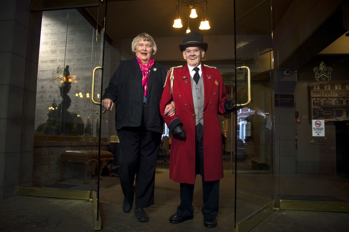 Former Mayor Sheri Barnard, left, led the fight to save the Davenport Hotel from the wrecking ball and Davenport doorman John Reed, who has worked at the Davenport his whole life, knows more about the place than anyone alive. He first met Louis Davenport when he was 13-years-old and says "that man changed my life." Colin Mulvany/THE SPOKESMAN-REVIEW (Colin Mulvany / The Spokesman-Review)