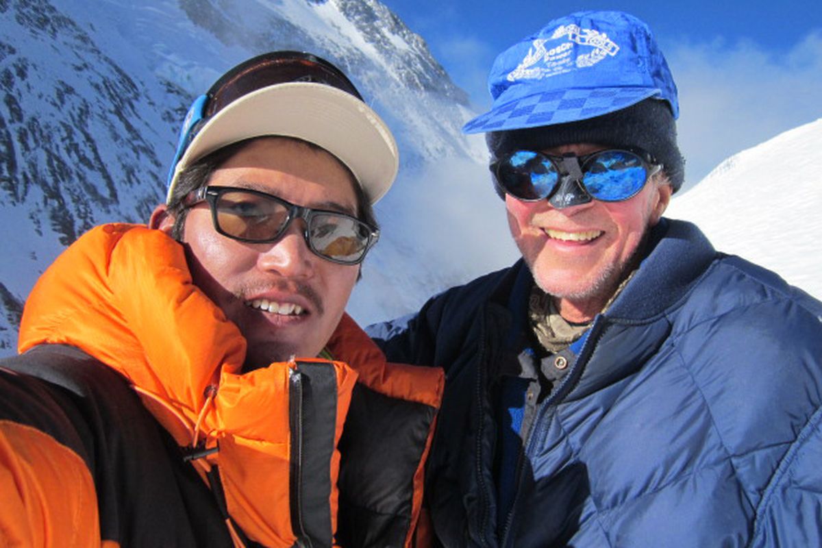 Dawes Eddy, 70, of Spokane, poses with mountain guide Phurba Sherpa at the North Col after they turned back from an Everest summit attempt.
